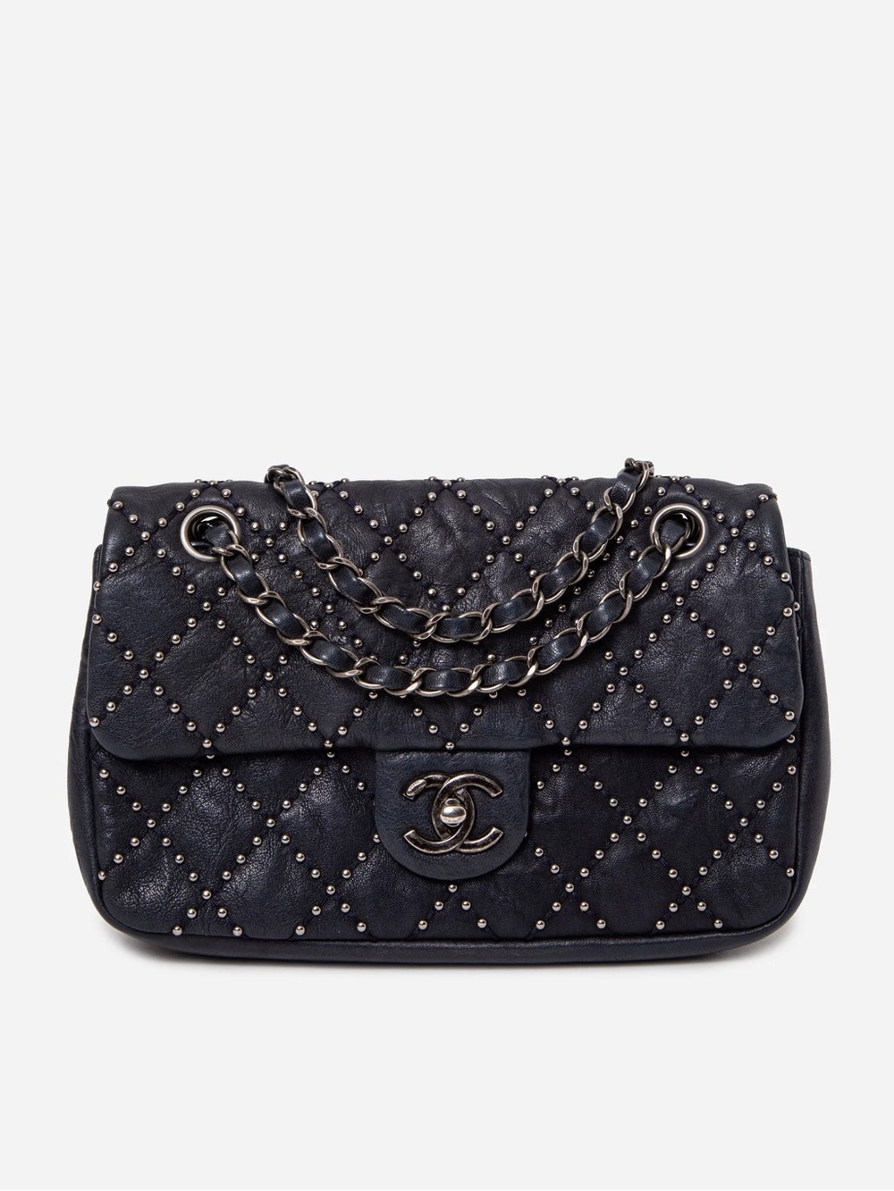 Pre-Owned Chanel 2014 Navy Clafskin Studded Flap Bag